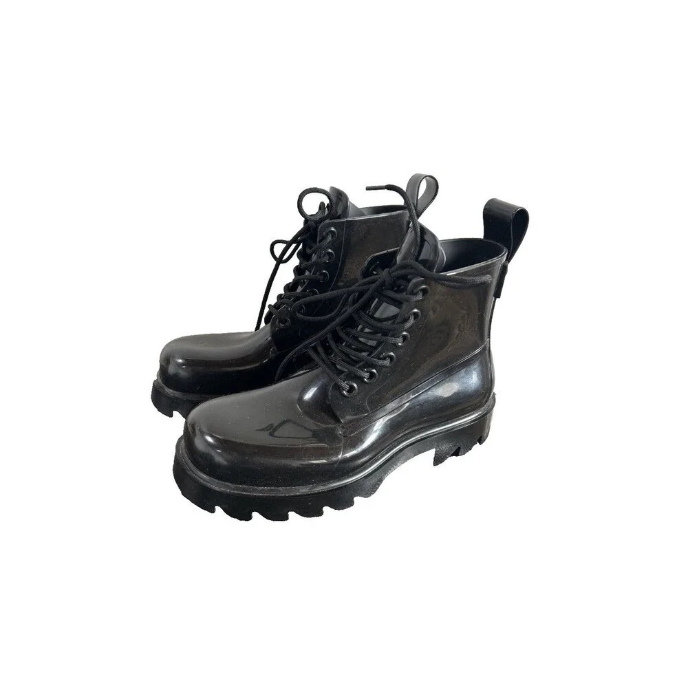 Bottega Veneta Stride Rubber Lace Up Shiny Ankle Boots Black Size EU 37.5 US 7.5